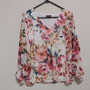 Floral V-Neck Blouse - Pink, Orange, and White 21" Inches Ptp